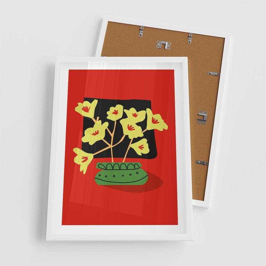 Plakat w ramie 50x70 - Abstrakcyjne Przenikanie - abstrakcyjne kwiaty, czerwone tło - rama biała