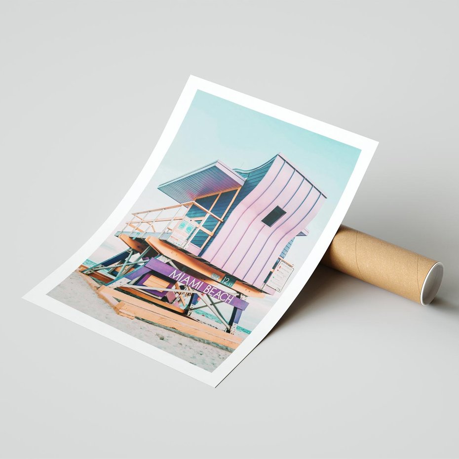 Plakat bez ramy 21x30 - Miami Beach - plaża miami, domek ratownika