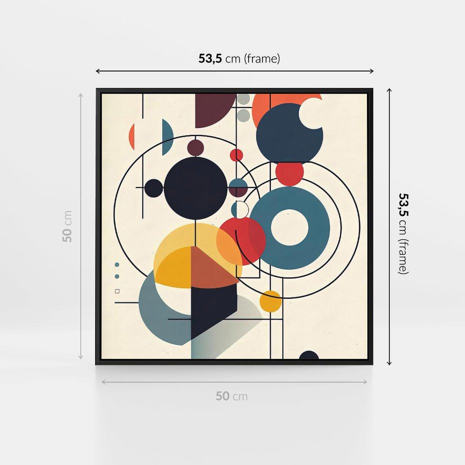 Obraz w ramie 50x50 - Rozbijające Barwne Granice - abstrakcyjna geometryczna kompozycja, koła linie - rama czarna