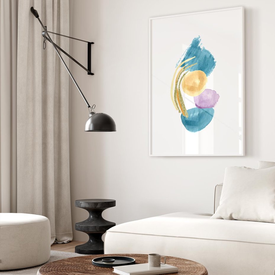 Plakat w ramie 30x40 - Migocące Barwy Akwarel - akwarelowe plamy w odcieniach błękitu, złote kreski - rama biała