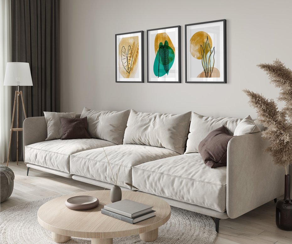 Zestaw obrazy w ramie 50x70 galeria - Złote, liście, monstera, akwarela - rama czarna