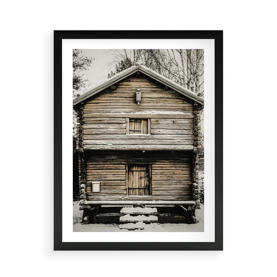 Plakat w ramie 50x70 - Stary Drewniany Dom w Śniegu - stary drewniany dom, zima - rama czarna