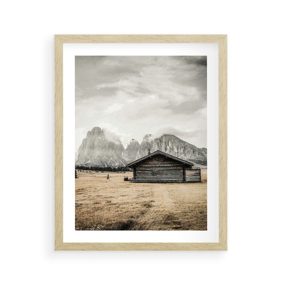 Plakat w ramie 40x50 - Surowa Przestrzeń i Górski Ustronny Azyl - chatka w górach, góry - rama drewno