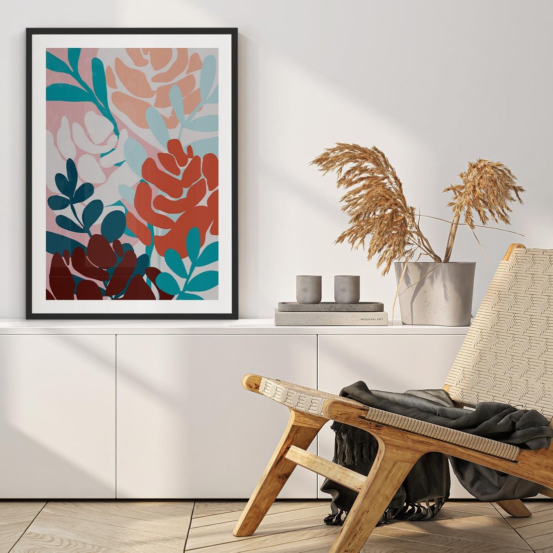 Plakat w ramie 40x50 - Impresje Kształtów - abstrakcyjna kompozycja kwiatowych form, kolor zgaszone - rama czarna