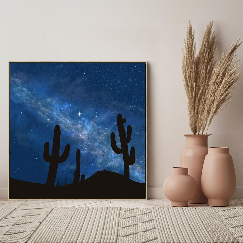 Obraz w ramie 80x80 - Nocne Tajemnice Pustyni - gwieździsta noc, granatowe niebo - rama drewno