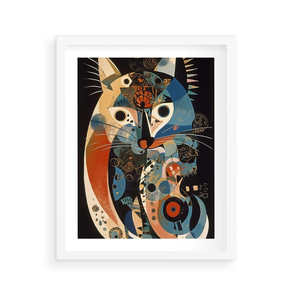 Plakat w ramie 40x50 - Księga Surrealnych Wymiarów - abstrakcyjny obraz olejny, kot - rama biała