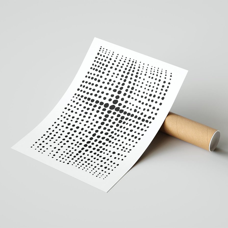 Plakat bez ramy 21x30 - Refleksje Monochromatycznych Widoków - abstrakcyjna kompozycja z czarnych kropek, minimalistyczny czarno bialy plakat