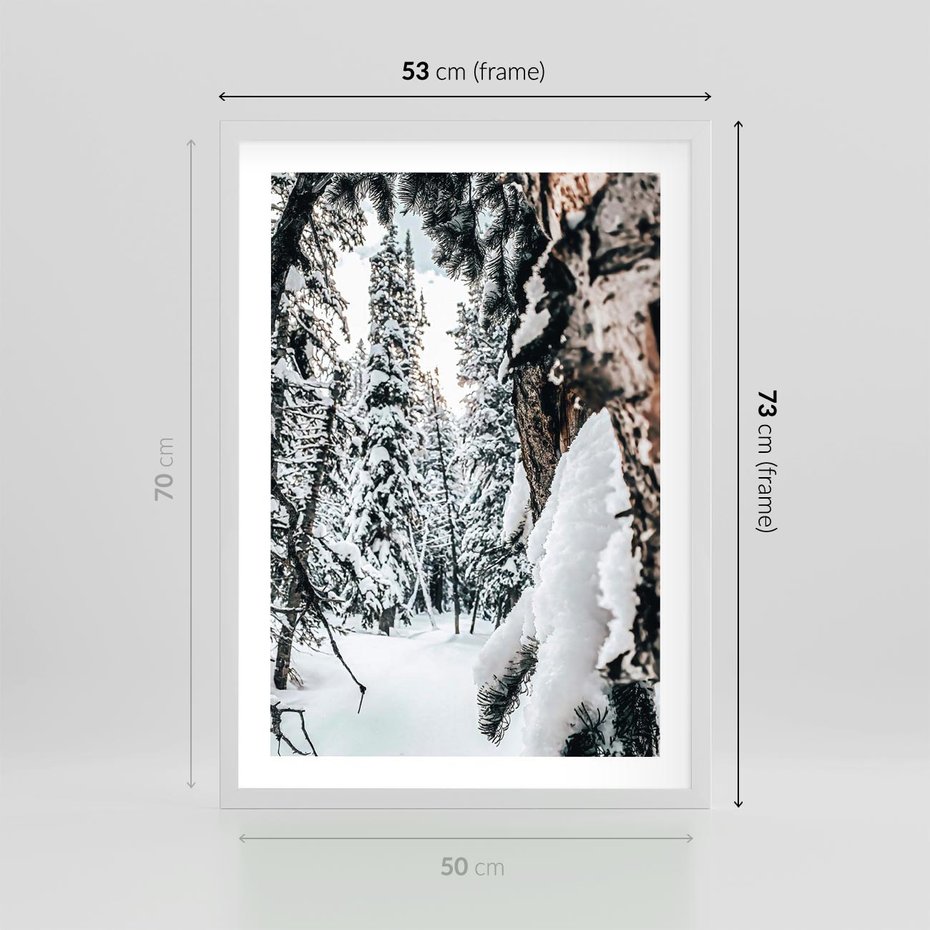 Plakat w ramie 50x70 - Drzewa pod Śniegiem - zima las, drzewa pod śniegiem - rama biała