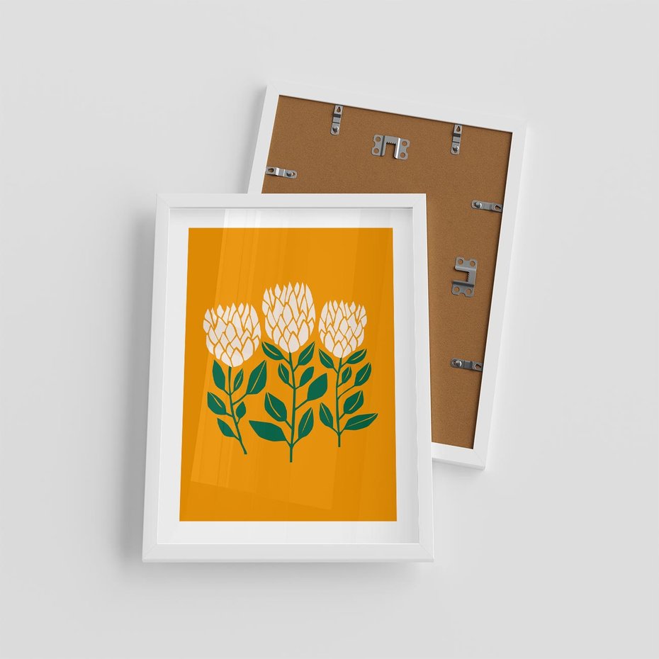 Plakat w ramie 30x40 - Kolorowe Impresje - abstrakcyjna kwiatowa kompozycja, żółte mocne tło - rama biała