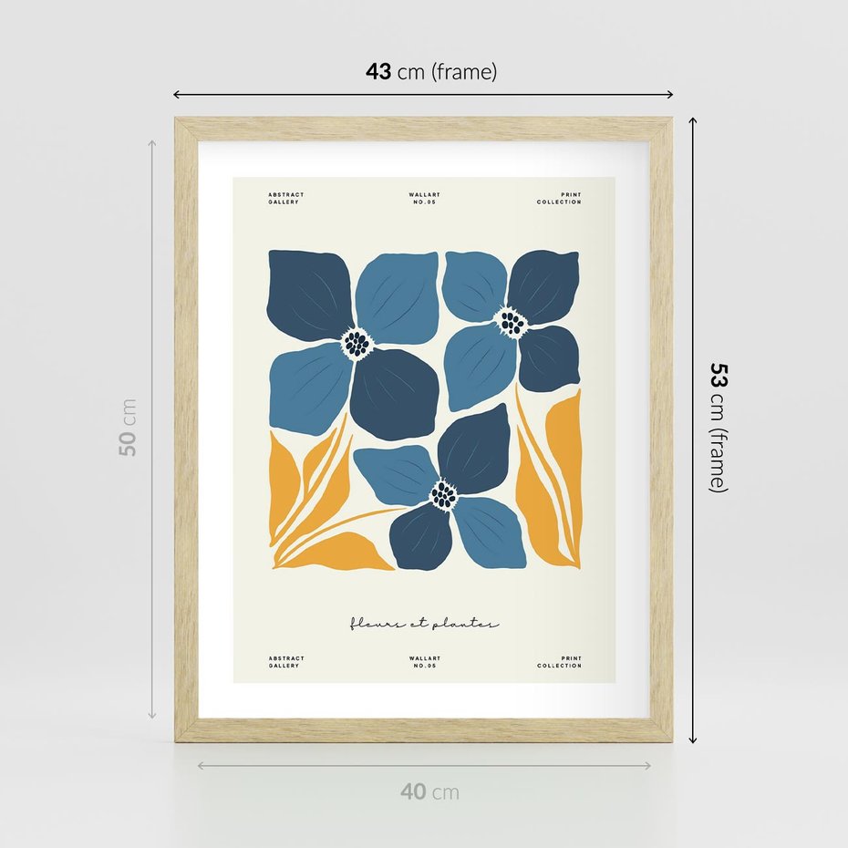 Plakat w ramie 40x50 - Błękitne Nowości - niebieskie kwiaty, nowoczesna sztuka - rama drewno