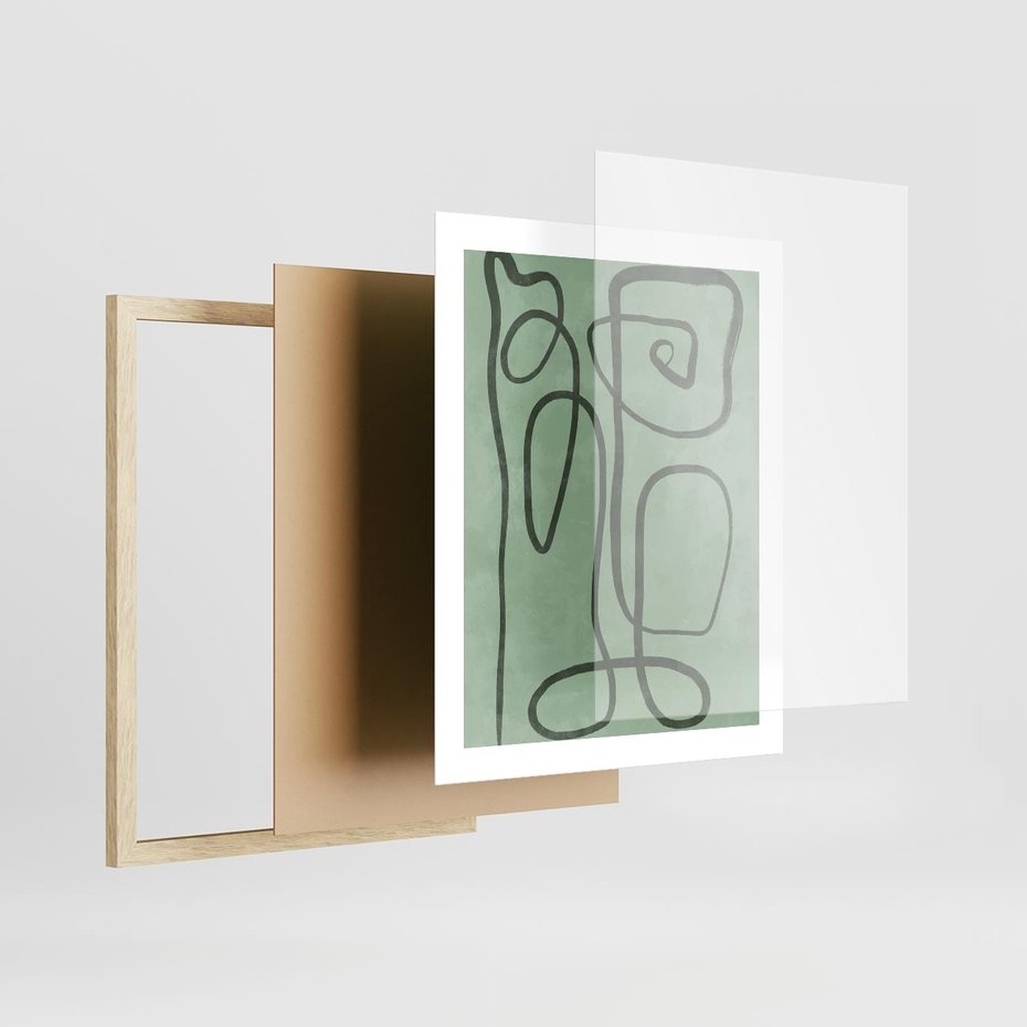 Plakat w ramie 40x50 - Zielone Wariacje w Liniach - abstrakcyjne zielone linie, skandynawski design - rama drewno