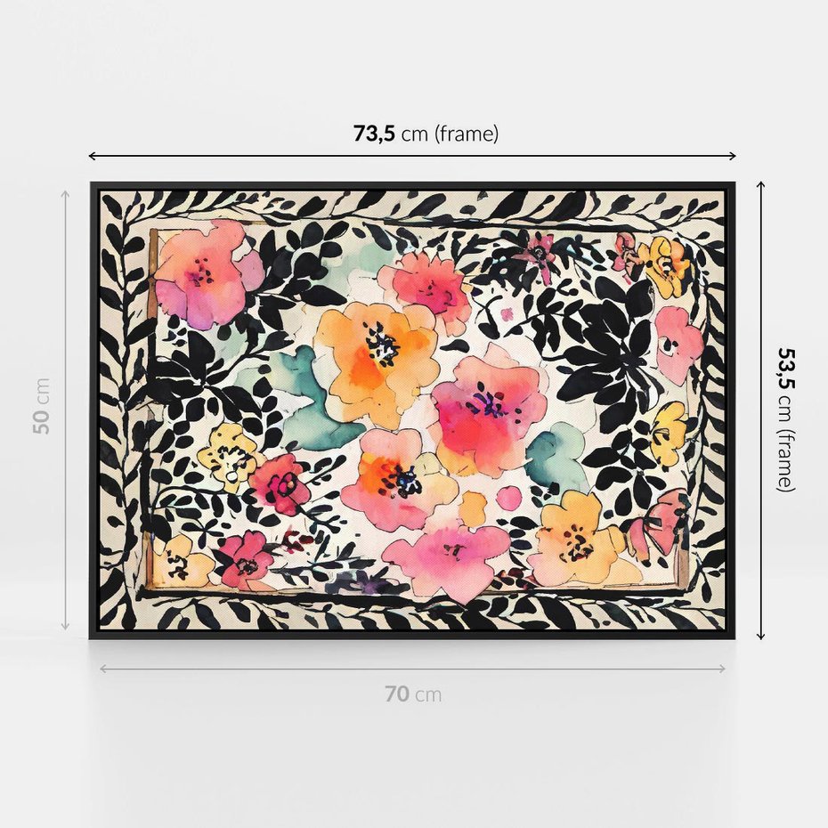 Obraz w ramie 70x50 - Opowieść w kroplach farb - akwarelowe kwiaty, mocna ornamentowa czarna ramka namalowana dookoła obrazu - rama czarna