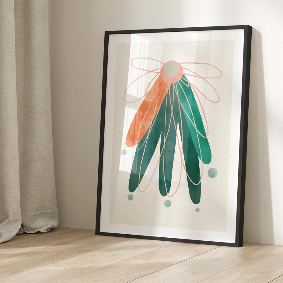 Plakat w ramie 50x70 - Energetyczna Harmonia Kwiatów - akwarelowe abstrakcyjne kształty, zieleń i pomarańcz - rama czarna