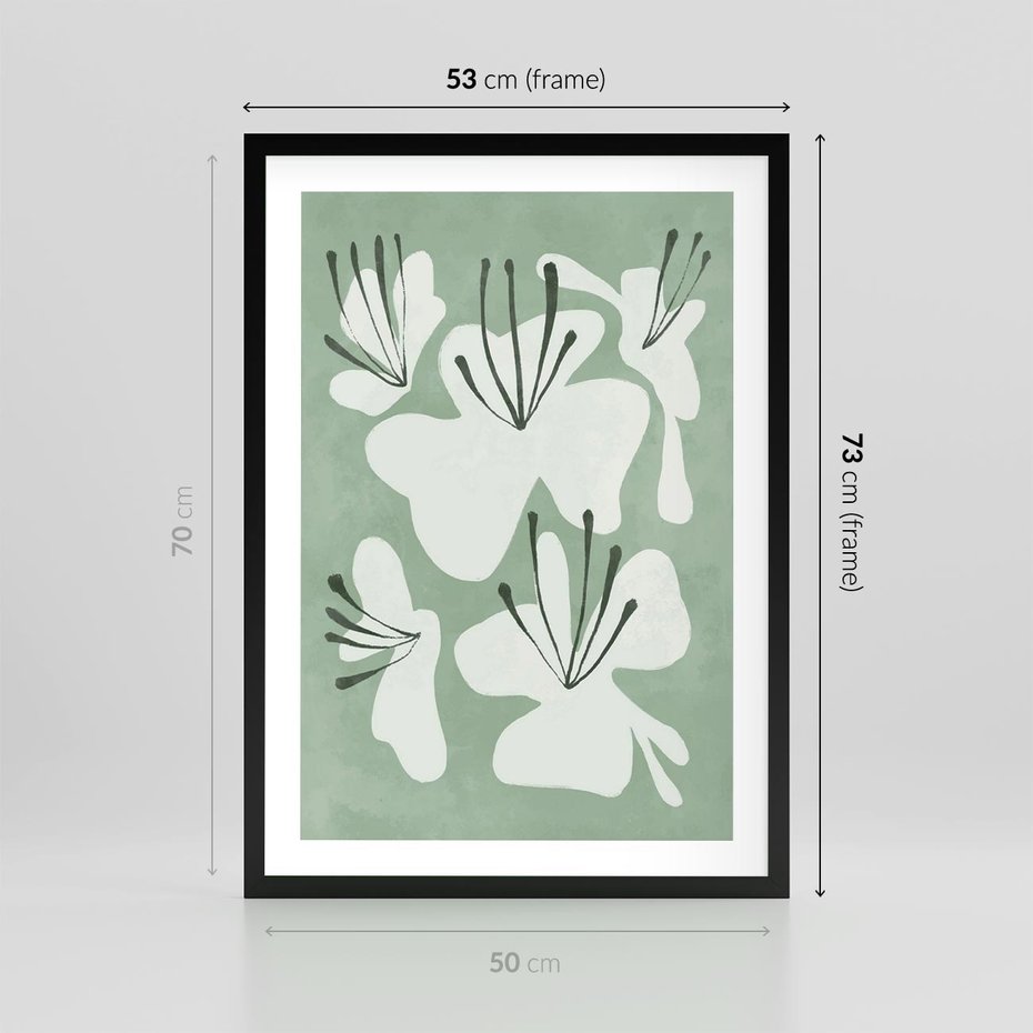 Plakat w ramie 50x70 - Rozkwitające Ukojenie - zgaszona zieleń, kwiaty - rama czarna