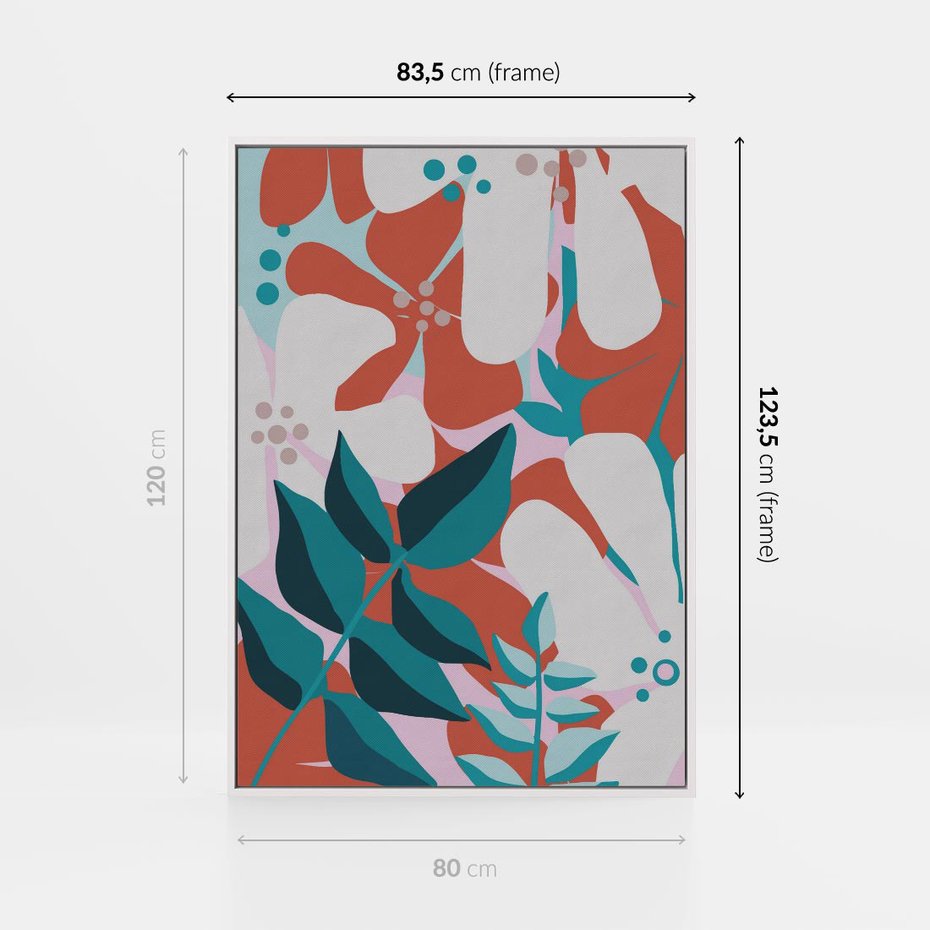 Obraz w ramie 80x120 - Harmonijne Formy - abstrakcyjna kompozycja kwiatowych form, kolor zgaszone - rama biała