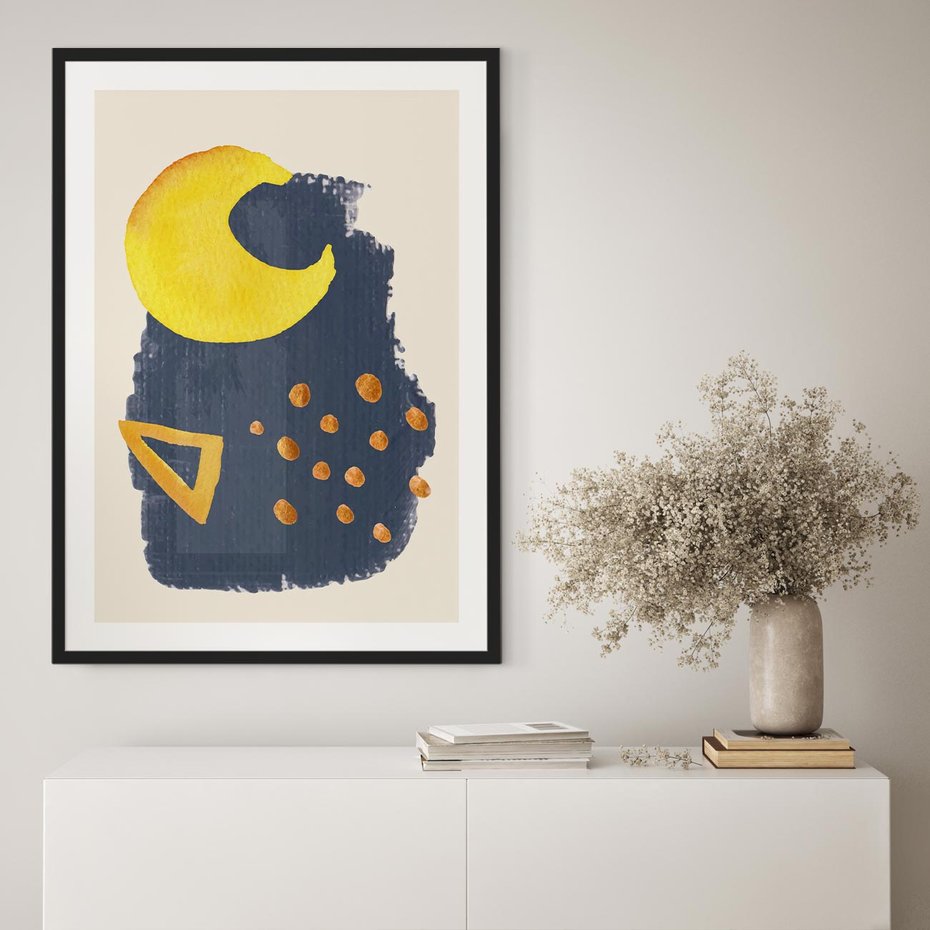 Plakat w ramie 50x70 - Migocące Nocne Barwy - abstrakcyjna akwarelowa plama, granatowa - rama czarna