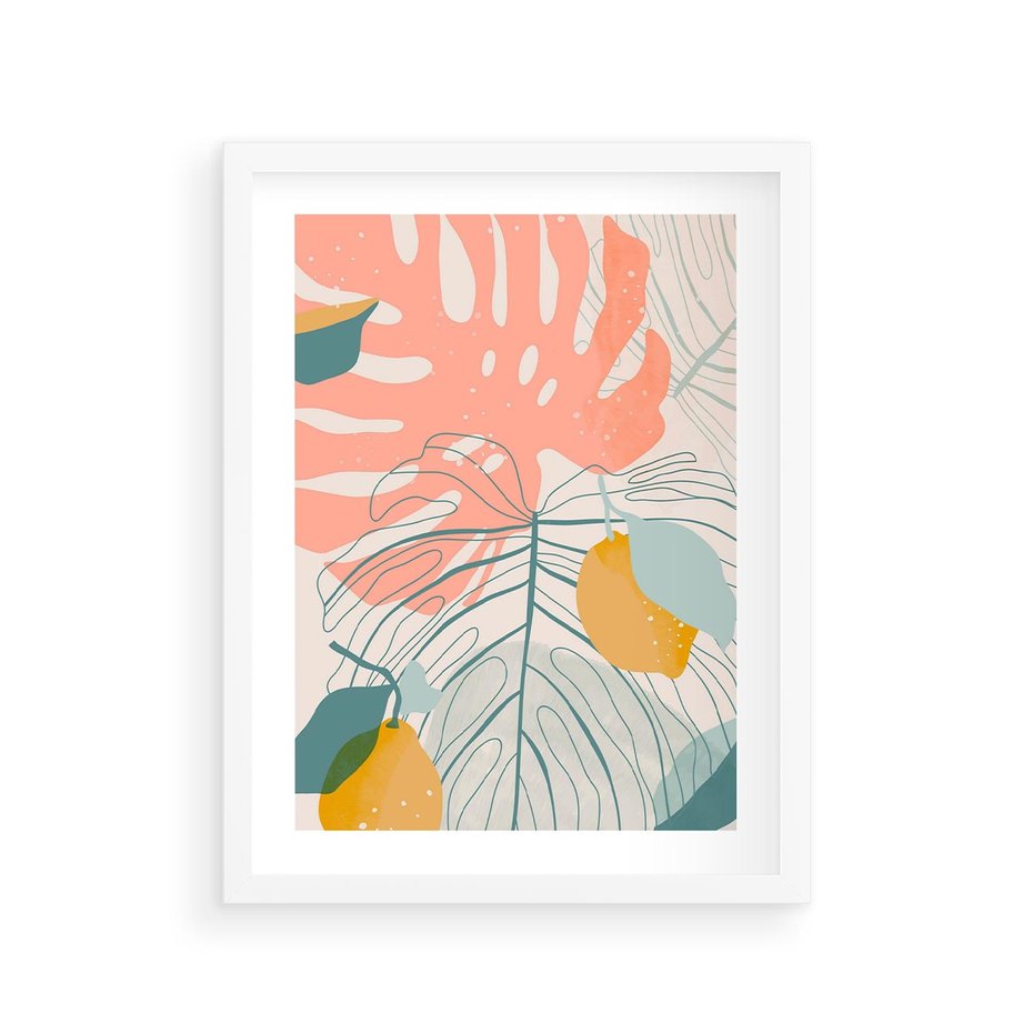 Plakat w ramie 30x40 - Sztuka Natury: Liście Monstery w Pastelach - nowoczesna grafika, pastelowe liście monstery - rama biała