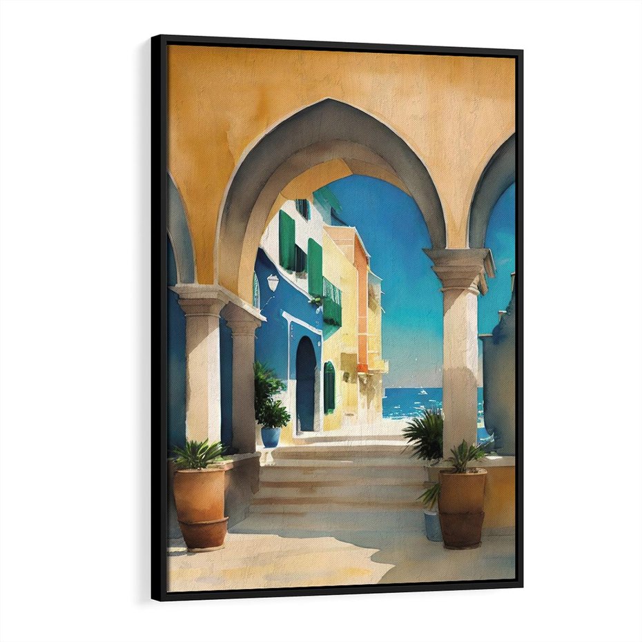 Obraz w ramie 70x100 - Nadmorskie Łuki - akwarela, śródziemnomorski klimat - rama czarna