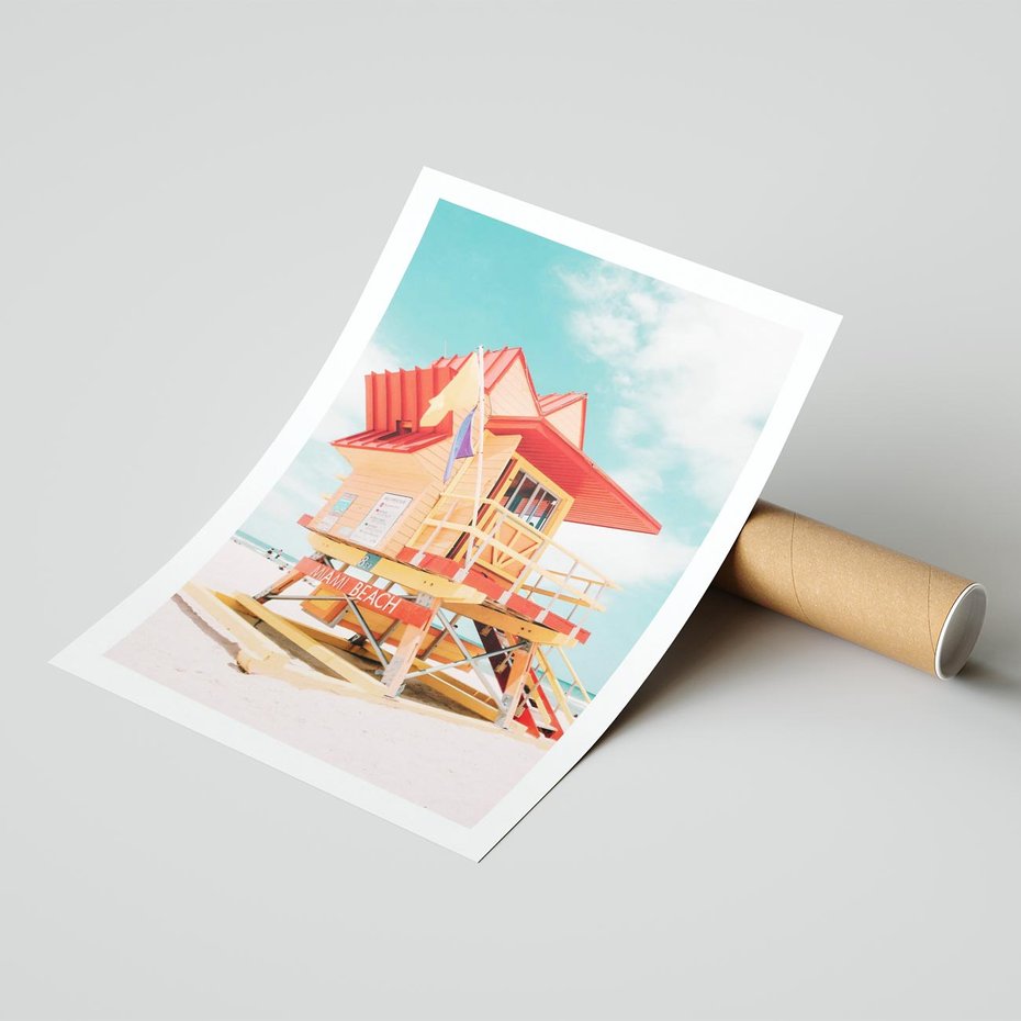 Plakat bez ramy 50x70 - Rajski Widok - plaża miami, domek ratownika