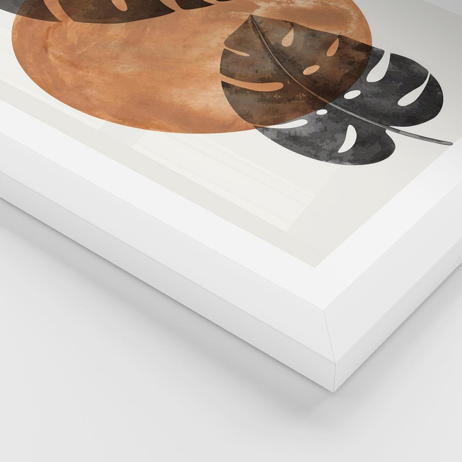 Plakat w ramie 30x40 - Elegancja w Detalach: Miedziane Koło z Monsterą - grafika, miedziane koło - rama biała