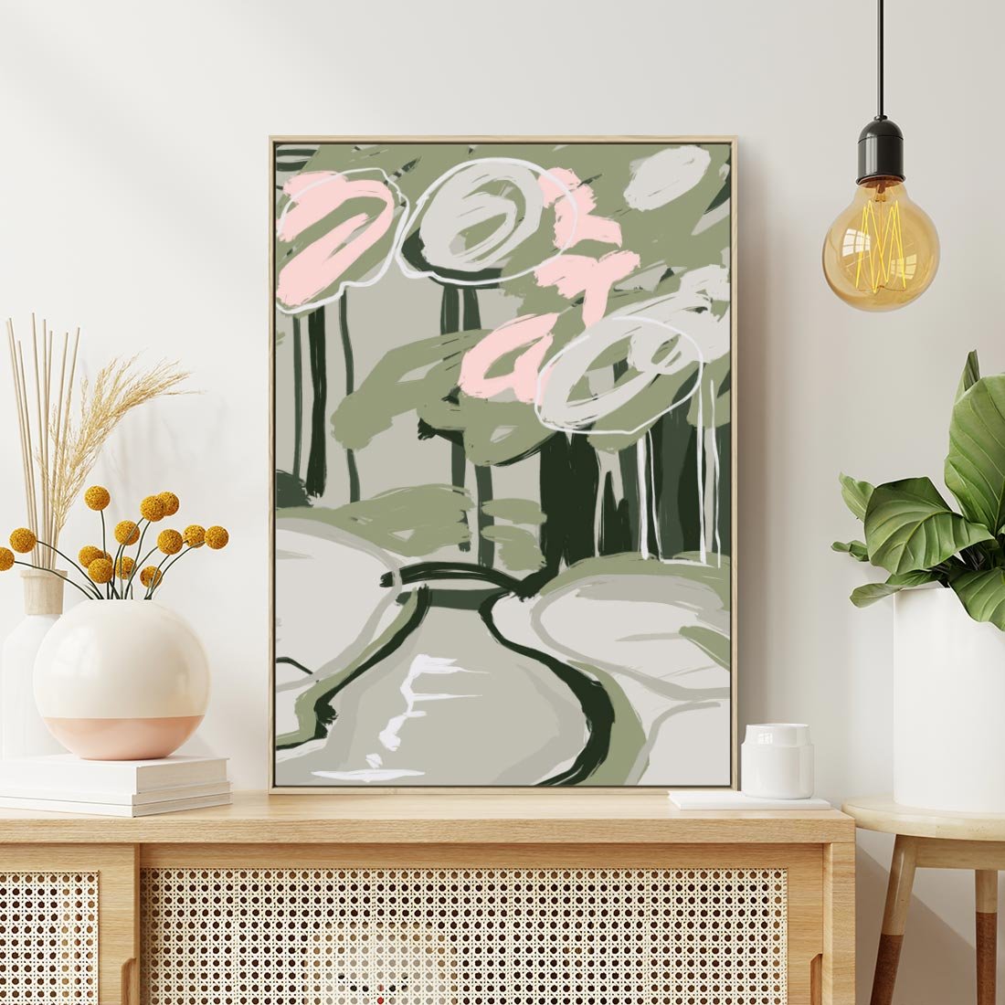 Obraz w ramie 80x120 - Leśny Zakątek - pastelowy krajobraz, nowoczesny plakat - rama drewno