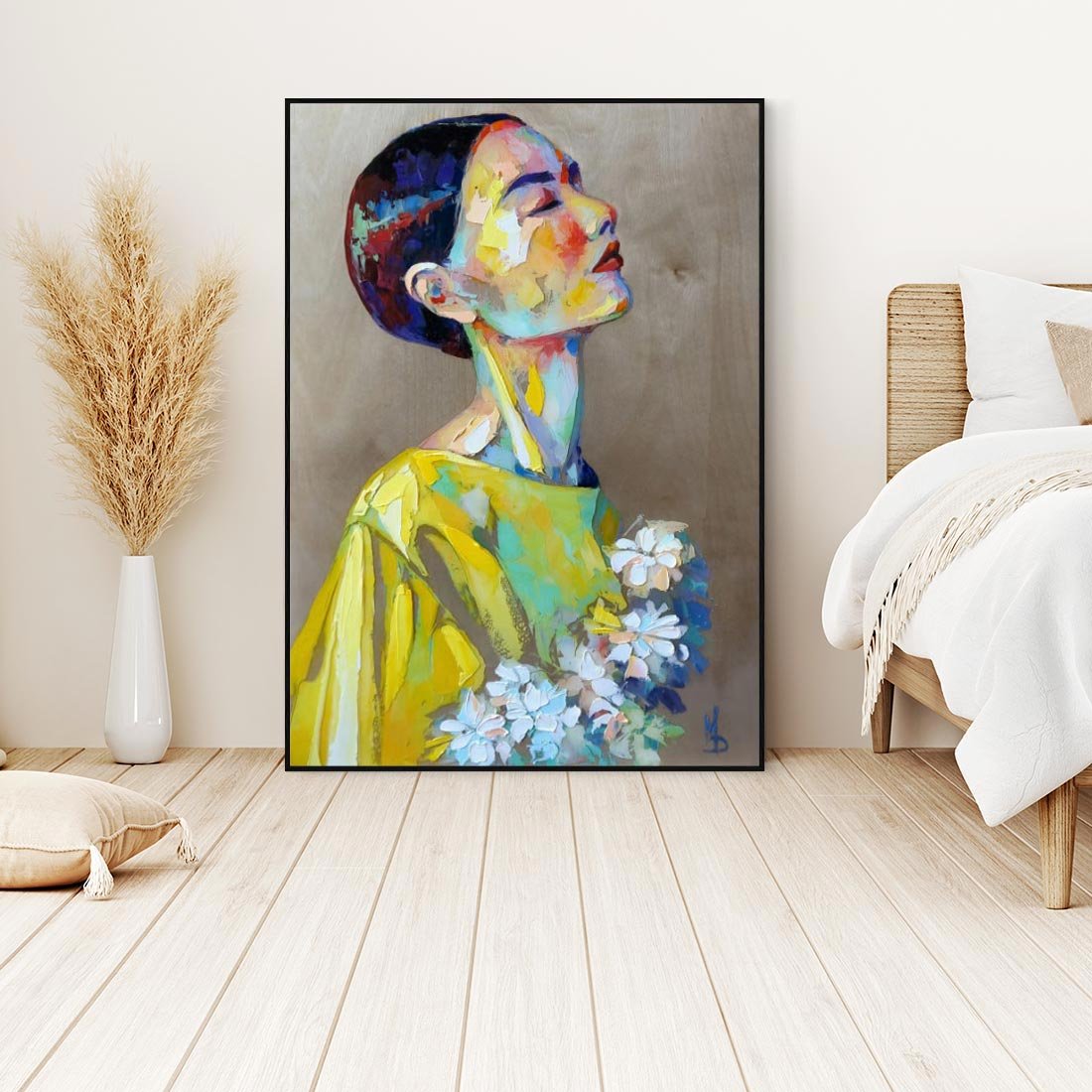 Obraz w ramie 50x70 - W Żółtej Sukience - olejny abstrakcyjny obraz, portret kobiety w żółtej sukience - rama czarna