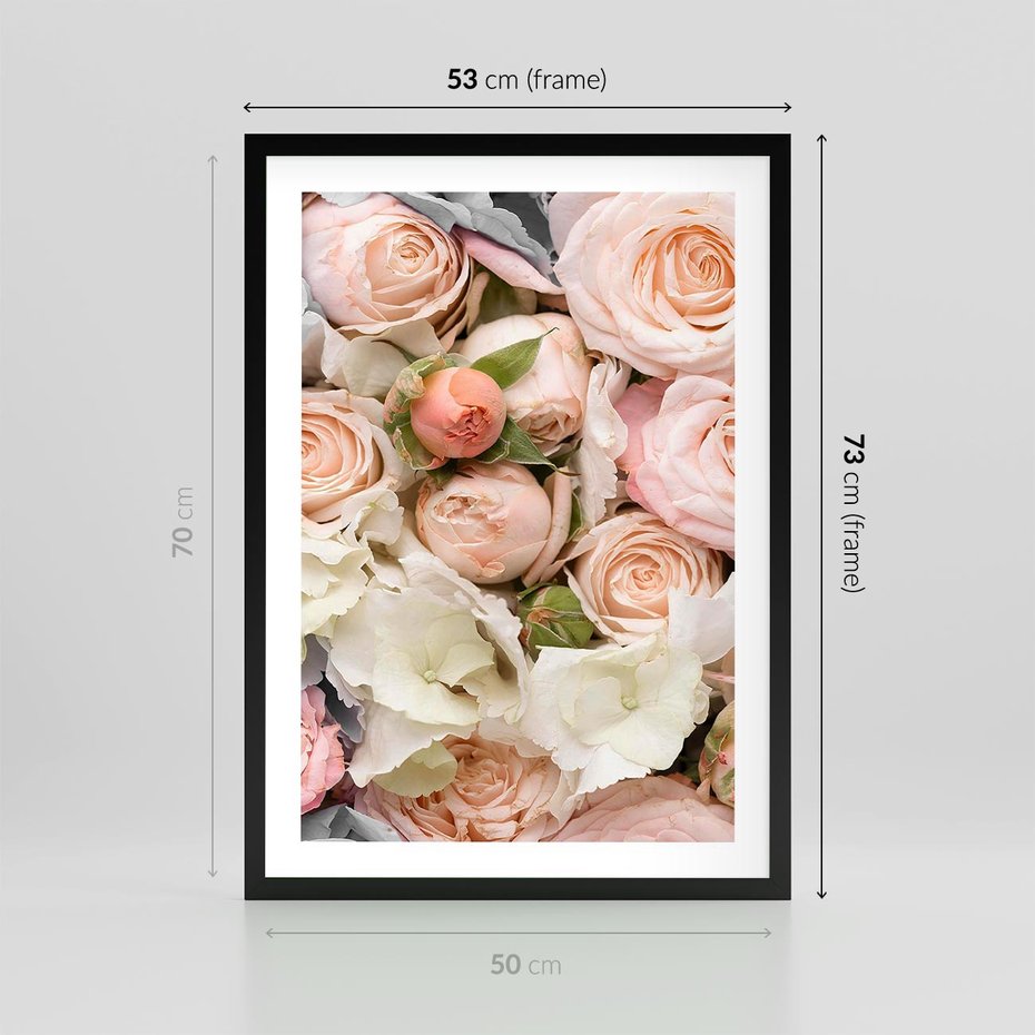 Plakat w ramie 50x70 - Kwiatowy Rarytas: Róże w Herbacianym Zbliżeniu - kwiaty, herbaciane - rama czarna