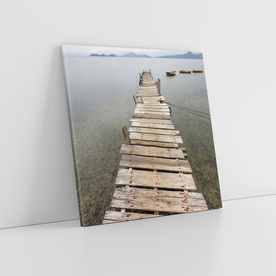 Obraz na płótnie 70x70 - Jeziorne Refleksje - pomost, jezioro