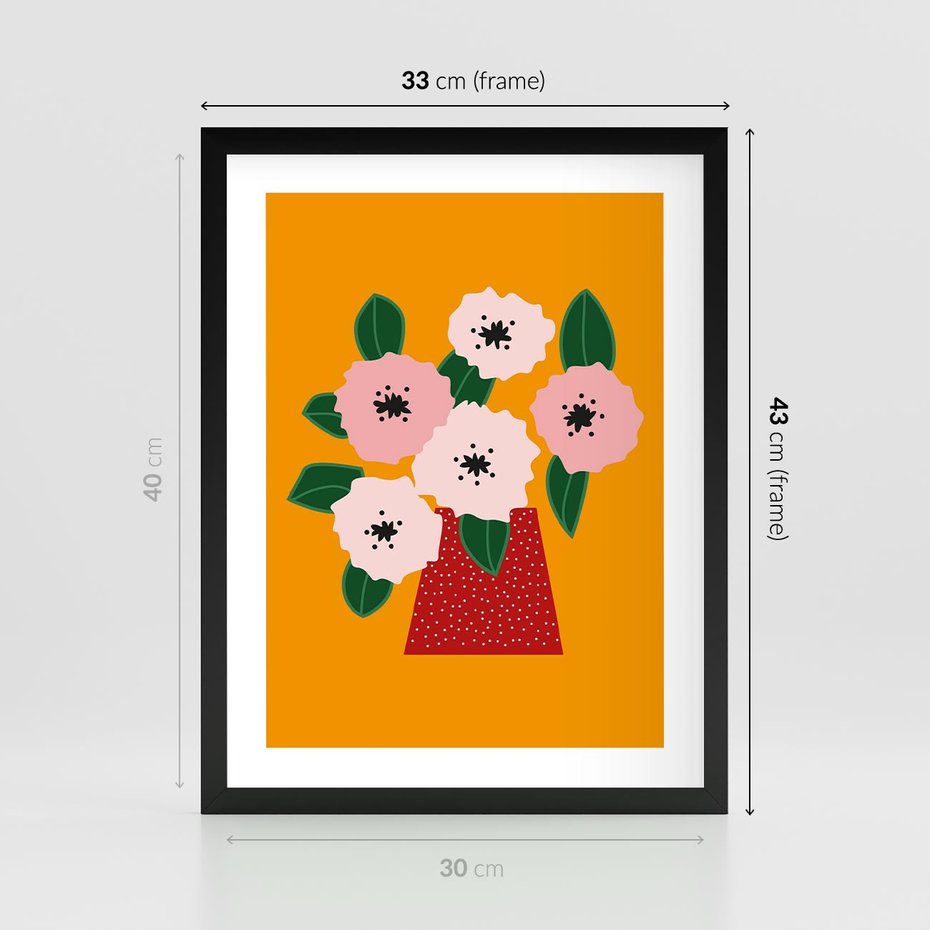 Plakat w ramie 30x40 - Harmonijne Granice - abstrakcyjne kwiaty, żółte tło - rama czarna