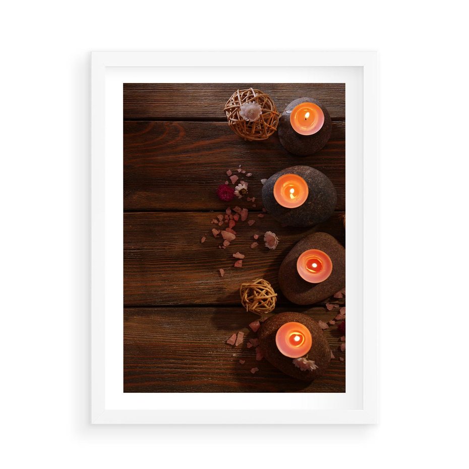 Plakat w ramie 50x70 - Relaksujące spa z pochodniami - spa, świece - rama biała