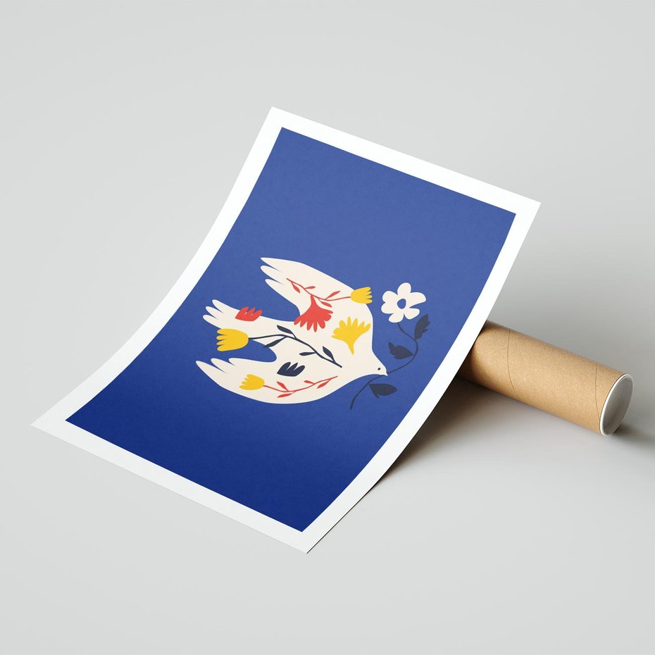 Plakat bez ramy 50x70 - Bezczasowy Szept - niebieskie tło, abstrakcyjny biały ptak