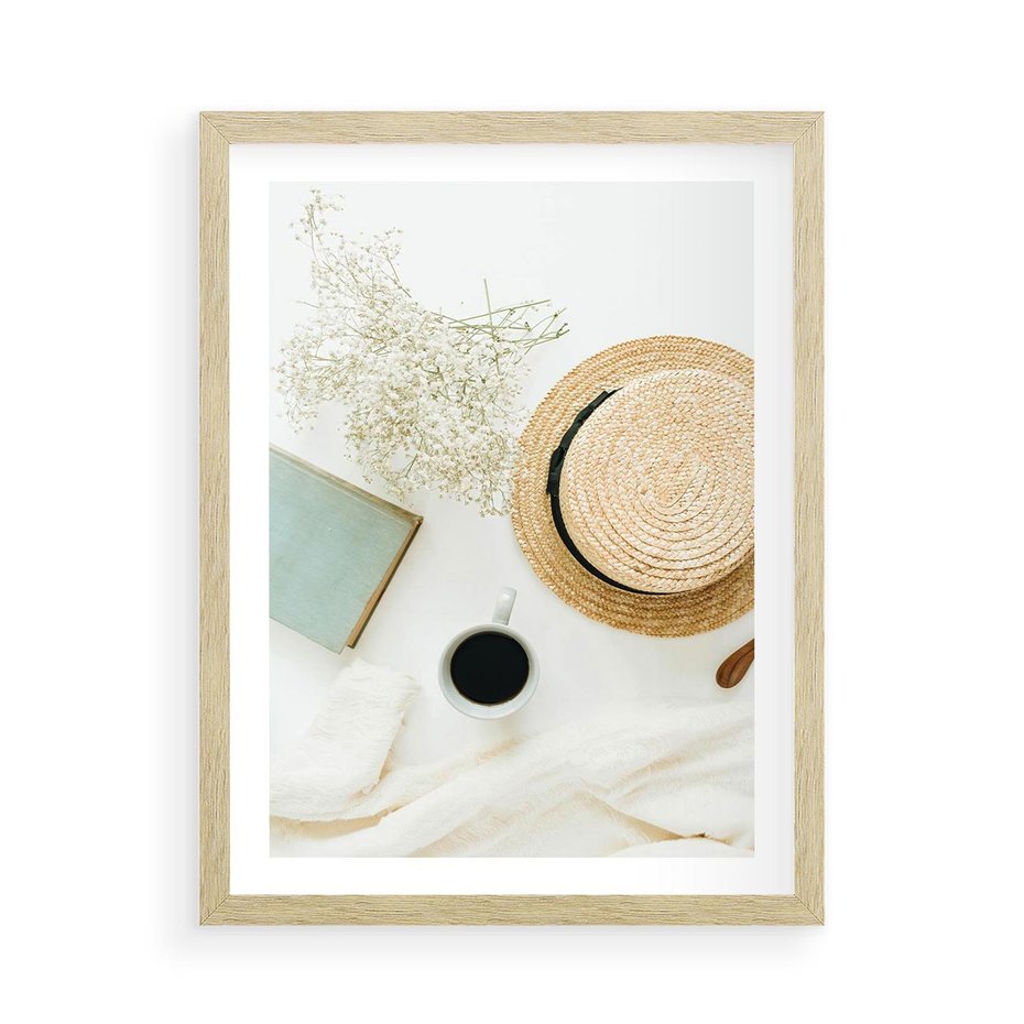 Plakat w ramie 50x70 - Boho Urok - kompozycja boho, slomkowy kapelusz - rama drewno