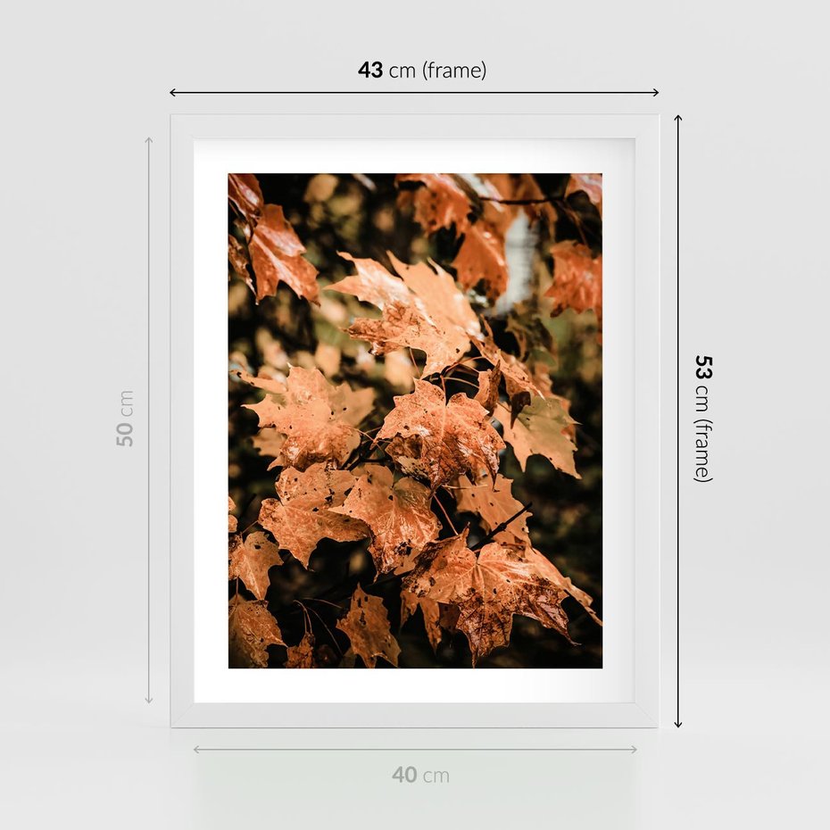 Plakat w ramie 40x50 - Ciepło Jesieni - jesienne pomarańczowe liśćie, jesień - rama biała