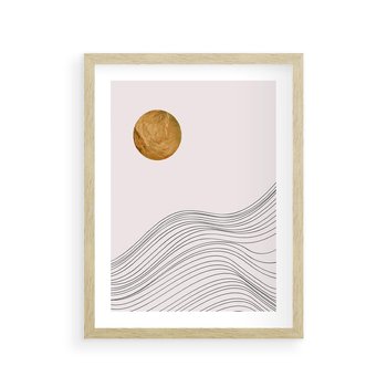 Plakat w ramie 30x40 - Minimalistyczne Słońce: Blask i Złoto - grafika, minimalizm - rama drewno