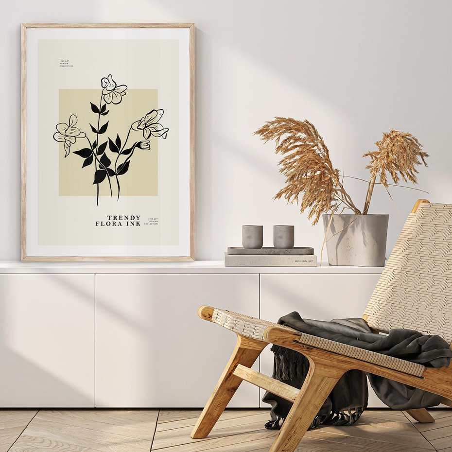 Plakat w ramie 30x40 - Malowane szkicowe tęsknoty - kwiaty, typografia - rama drewno