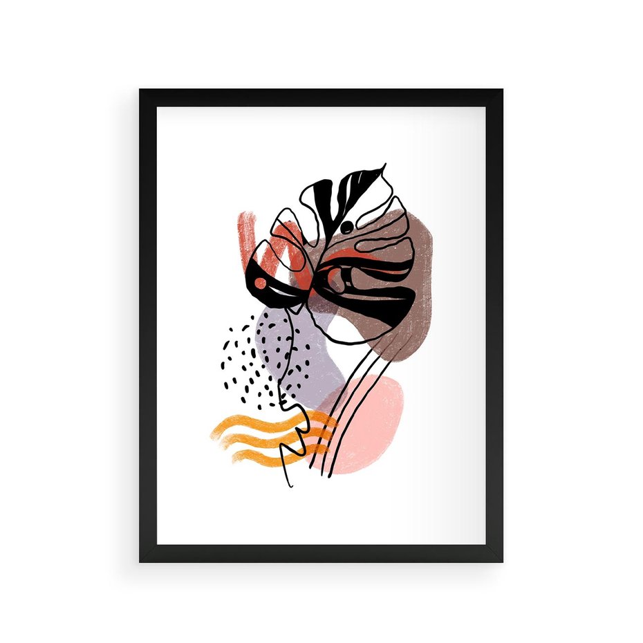Plakat w ramie 30x40 - Wibracje Abstrakcyjnych Form - abstrakcyjna sztuka, liść monstery - rama czarna