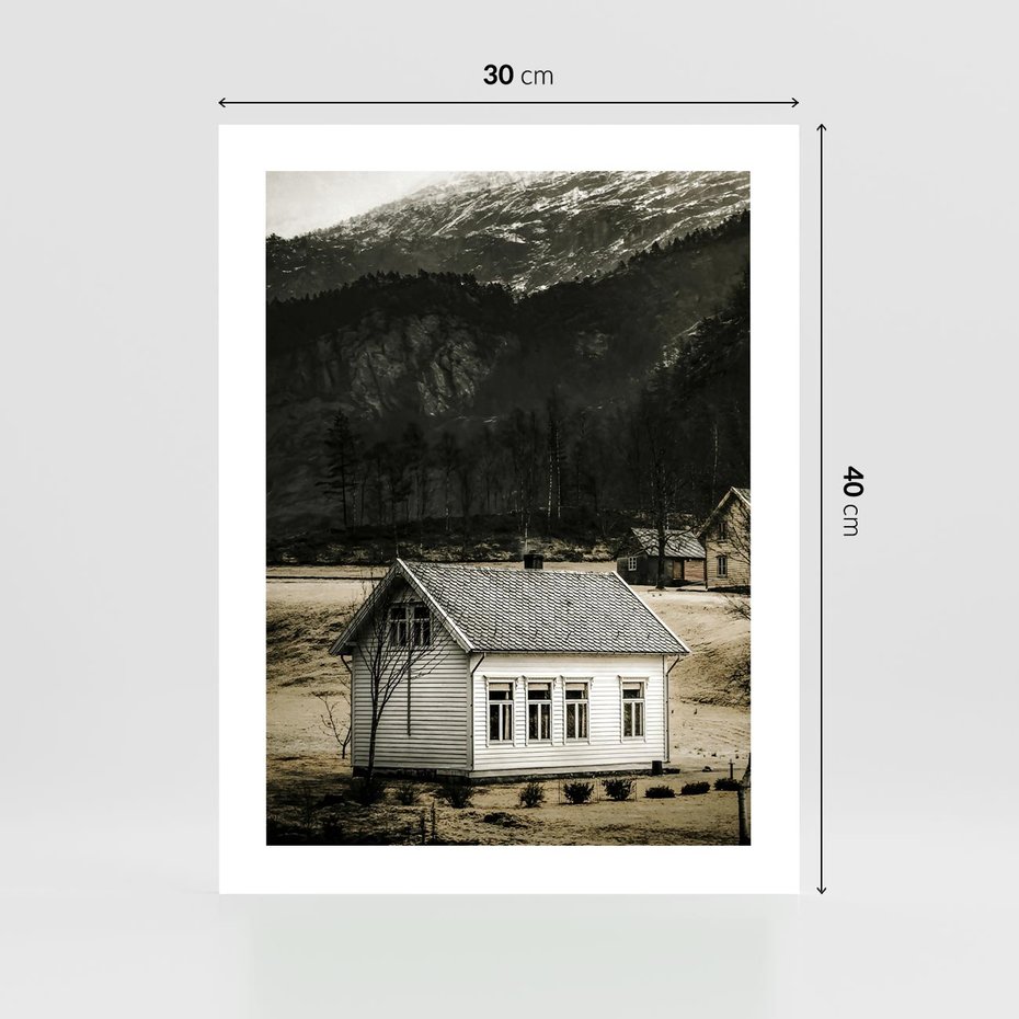 Plakat bez ramy 30x40 - Ciepło i Urok Górskiego Domku - domek w górach, sepia