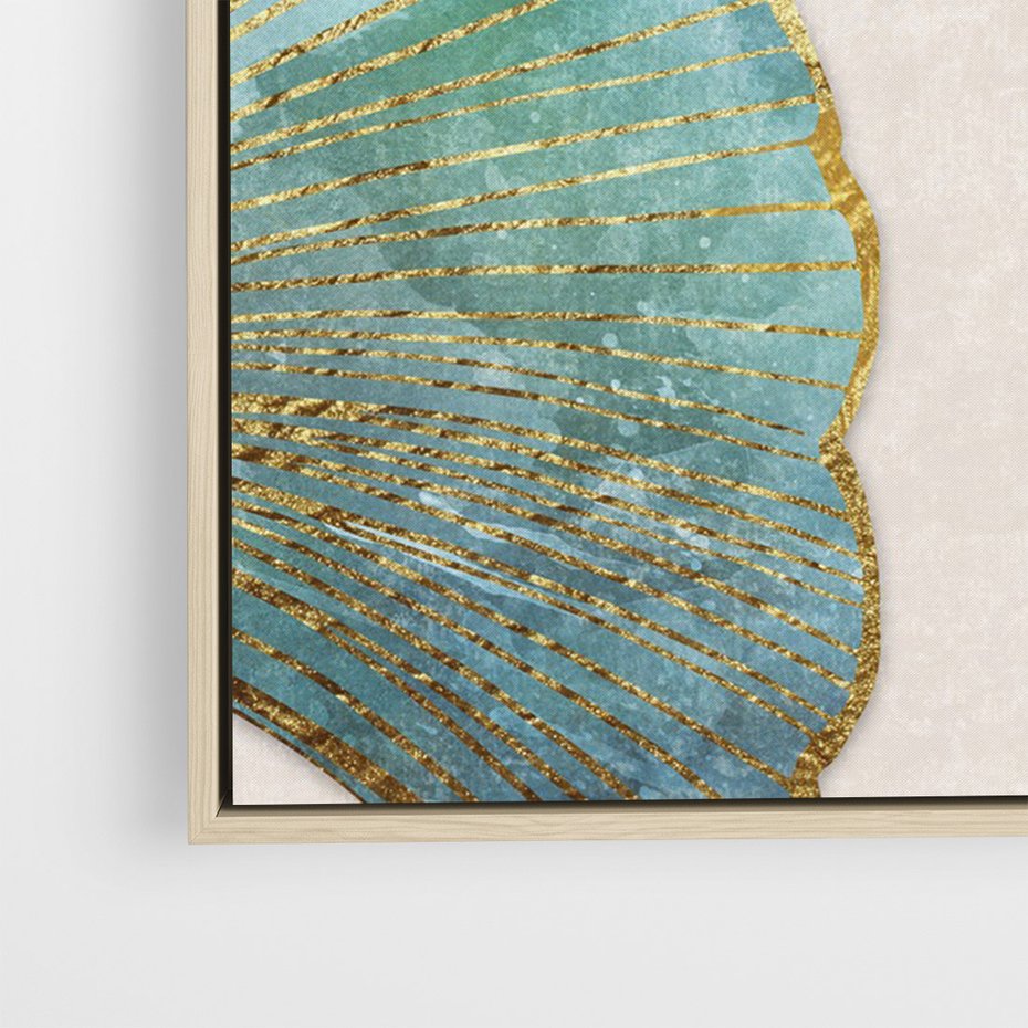 Obraz w ramie 50x70 - Złota Melodia Liści - złote, turkusowe liście miłorzębu - rama drewno