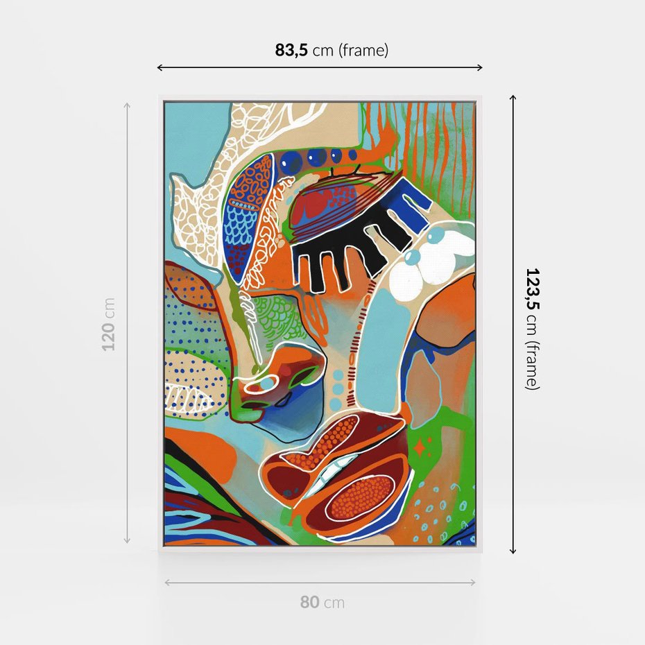 Obraz w ramie 80x120 - Wibracje Kształtów - abstrakcyjny portret kobiety, twarz - rama biała