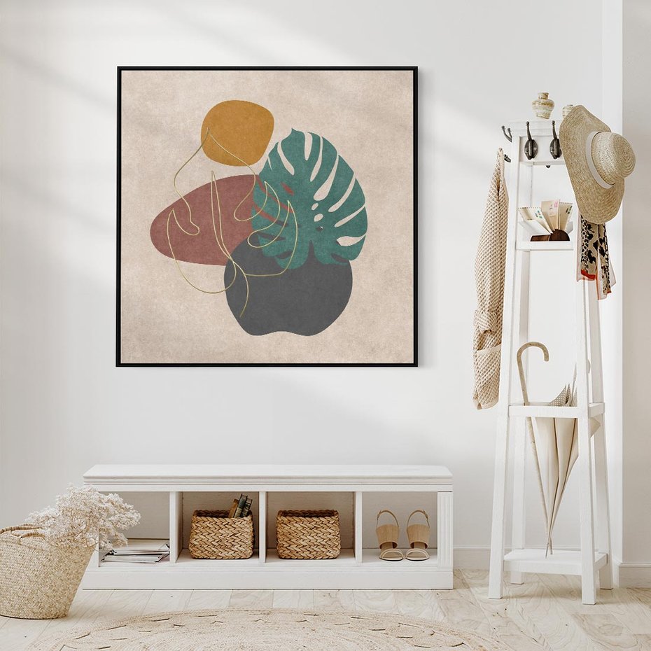 Obraz w ramie 50x50 - Akwarelowa Magia Liści - grafika, styl mid century - rama czarna