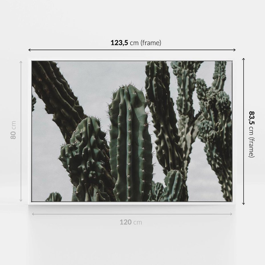 Obraz w ramie 120x80 - Boho oaza wśród kaktusów - kaktusy, pustynia - rama biała