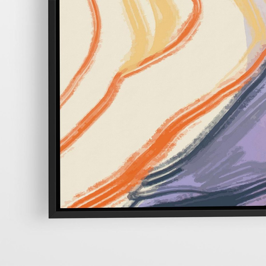 Obraz w ramie 50x50 - Pokreślony Świat - abstrakcyjne formy, odcienie pomarańczu i fioletu - rama czarna