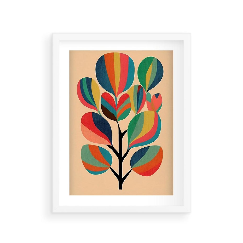 Plakat w ramie 30x40 - Harmonia Rozplątanych Form - abstrakcyjny kolorowy tęczowy obraz, inspiracje roślinne - rama biała