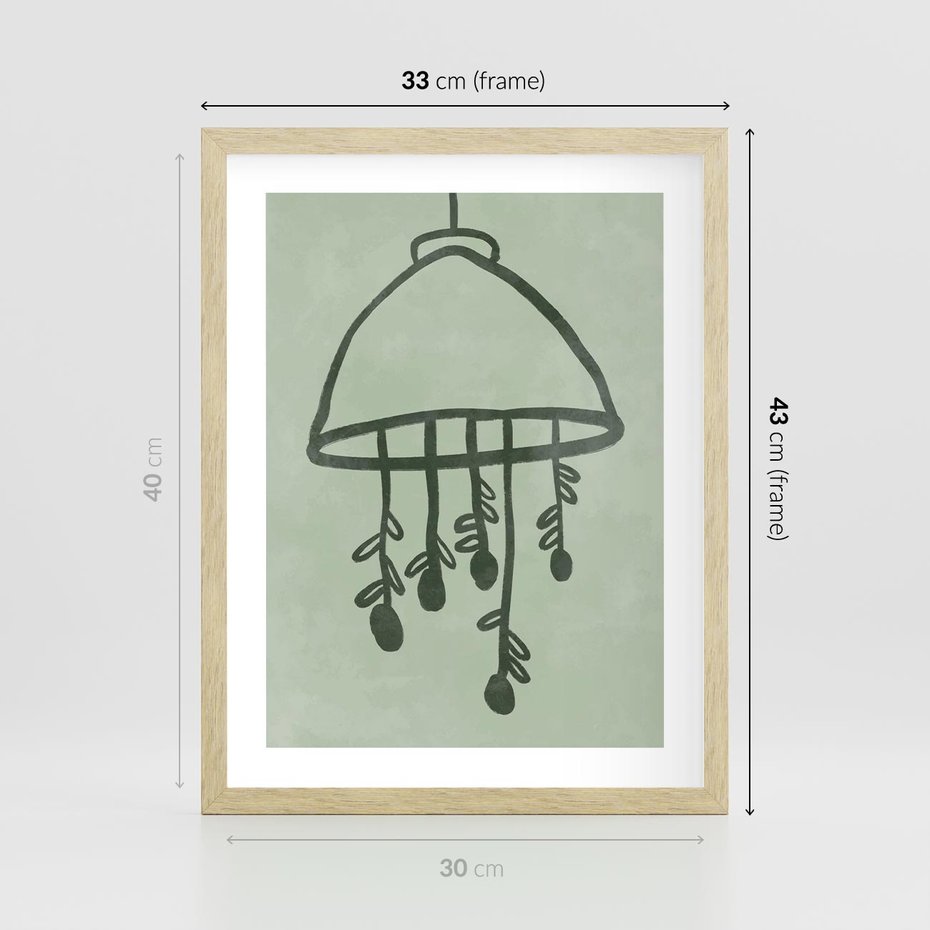 Plakat w ramie 30x40 - Zieleń Inspirującego Spokoju - plakat z abstrakcyjną zieloną lampą, skandynawski design - rama drewno