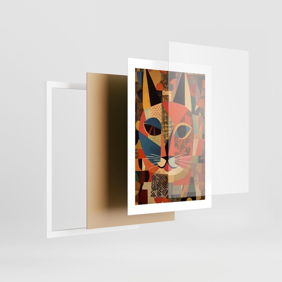 Plakat w ramie 30x40 - Impresje Nieznanych Odniesień - abstrakcyjny obraz olejny, kot - rama biała