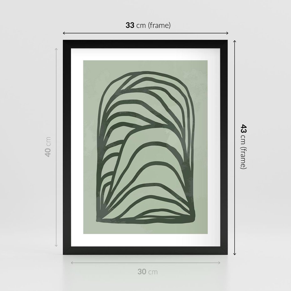 Plakat w ramie 30x40 - Zielonkawy Uścisk Natury - abstrakcyjny zielony motyw, skandynawski design - rama czarna