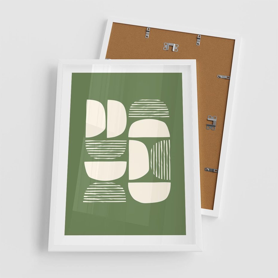 Plakat w ramie 50x70 - Migotliwe Formy - geometryczne boho kształty na brązowym, oliwkowym tle - rama biała