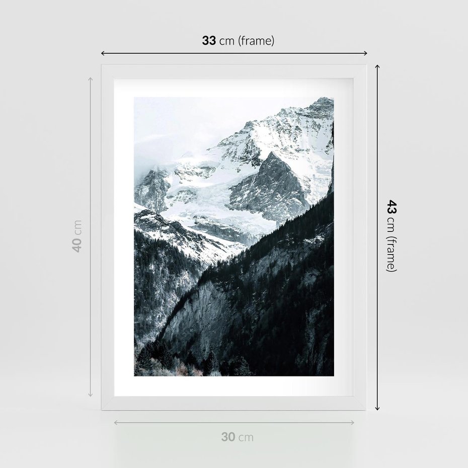 Plakat w ramie 30x40 - Góry w Zimowym Uścisku - góry, ośnieżone szczyty - rama biała