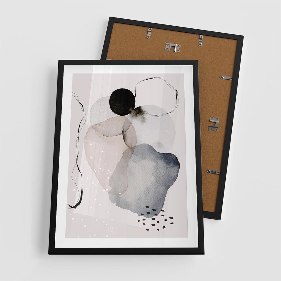 Plakat w ramie 50x70 - Migocące Barwy - abstrakcyjne plamy akwarelowe, czarny szkic - rama czarna