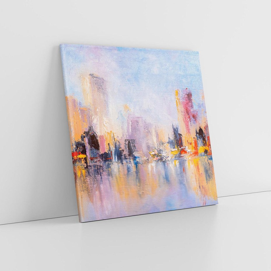 Obraz na płótnie 40x40 - Miasto Refleksji - olejna panorama miasta w oddali, wiezowce odbijają się w rzece